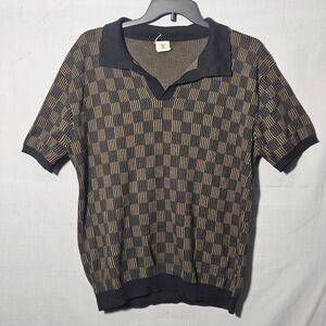 Dandy Del Mar Sebastian Knit Polo Shirt Mens 3XL Black Brown Checkered Italian